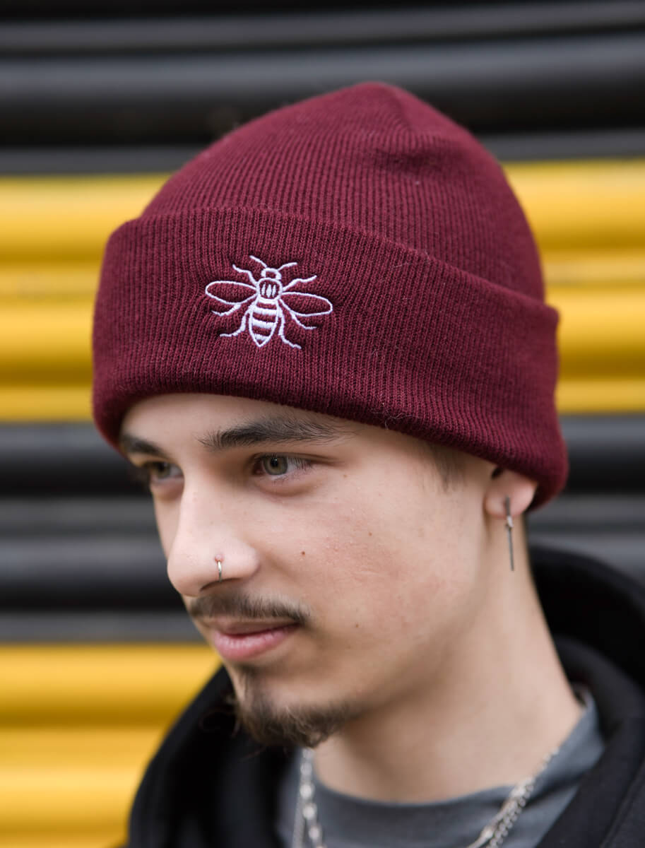 Burgundy Embroidered Manchester Bee Beanie