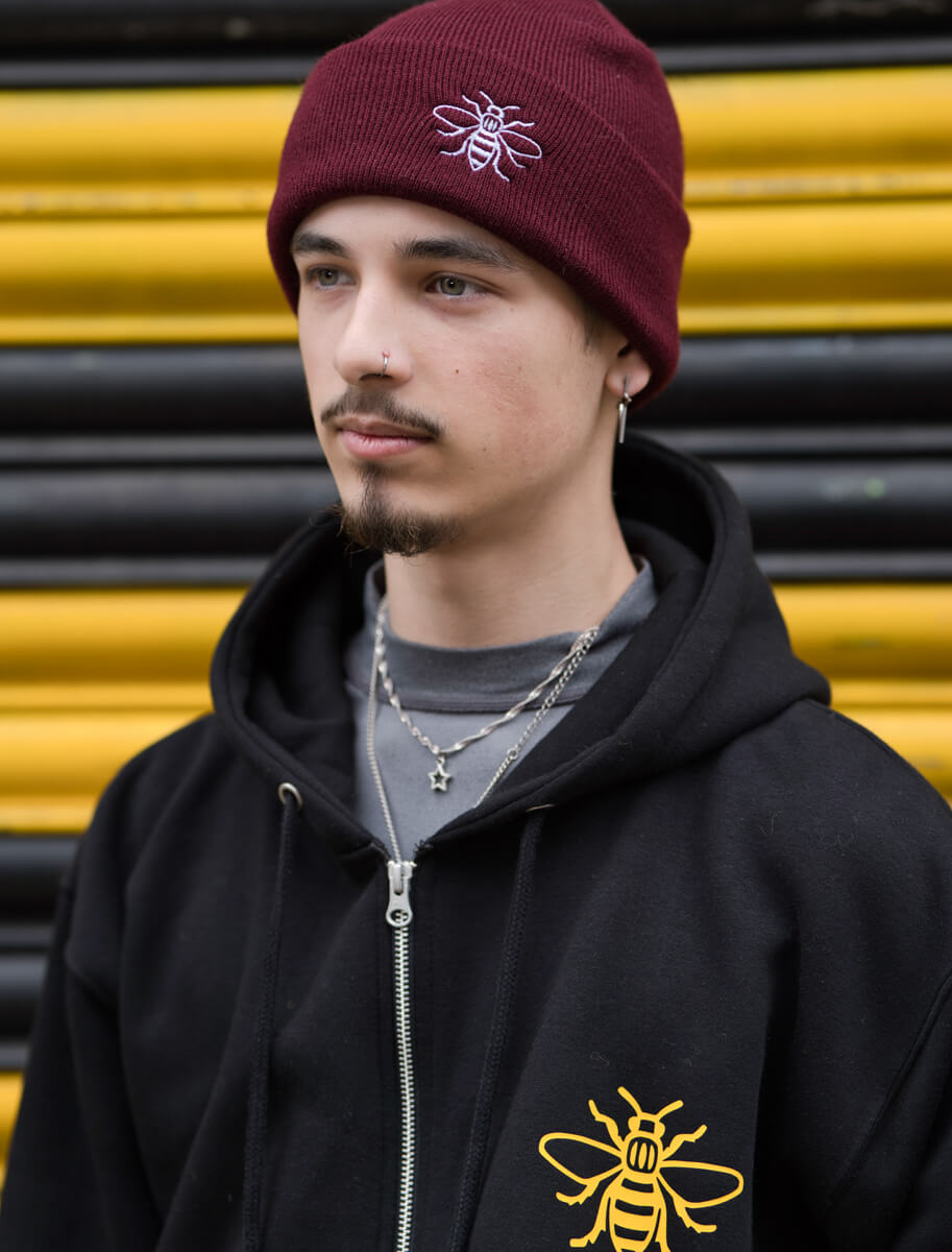 Burgundy Embroidered Manchester Bee Beanie