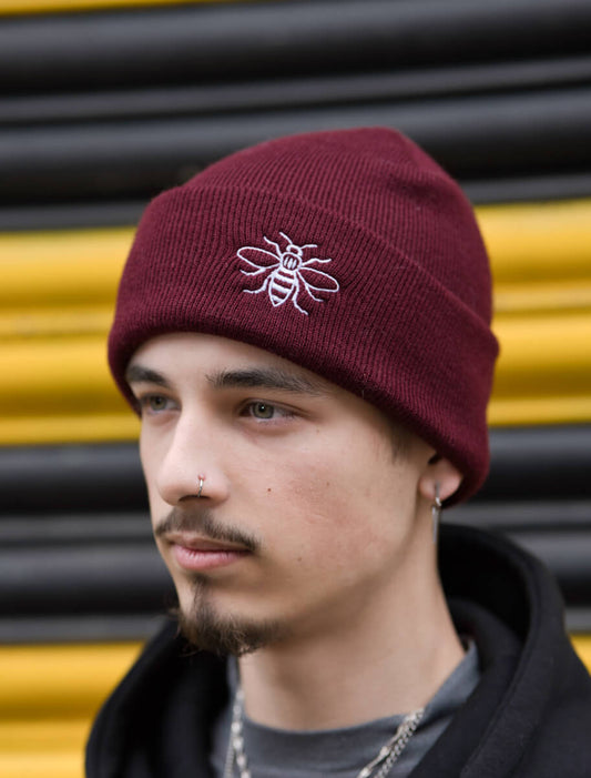 Burgundy Embroidered Manchester Bee Beanie