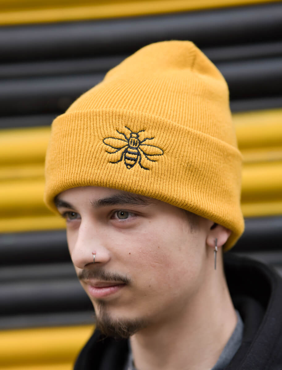 Mustard Embroidered Manchester Bee Beanie