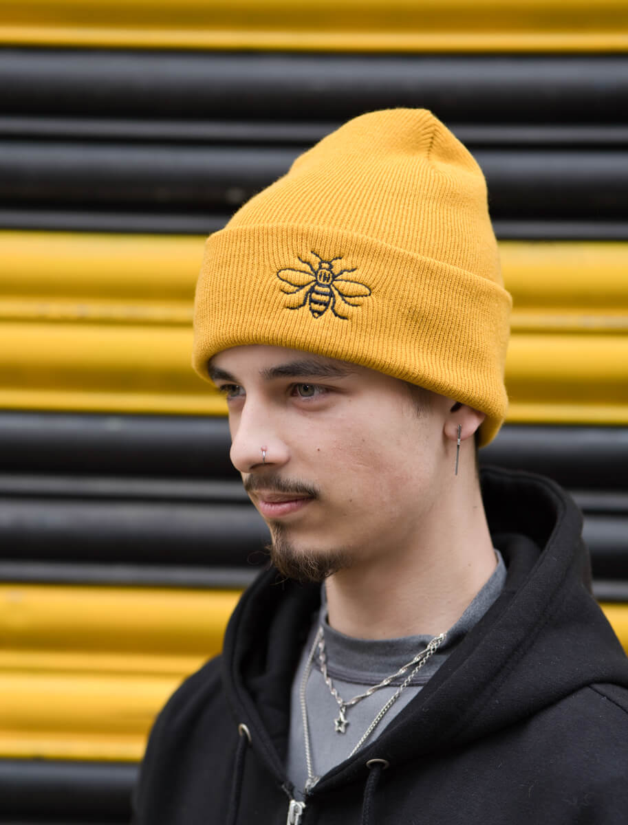 Mustard Embroidered Manchester Bee Beanie