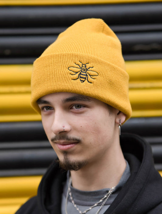 Mustard Embroidered Manchester Bee Beanie