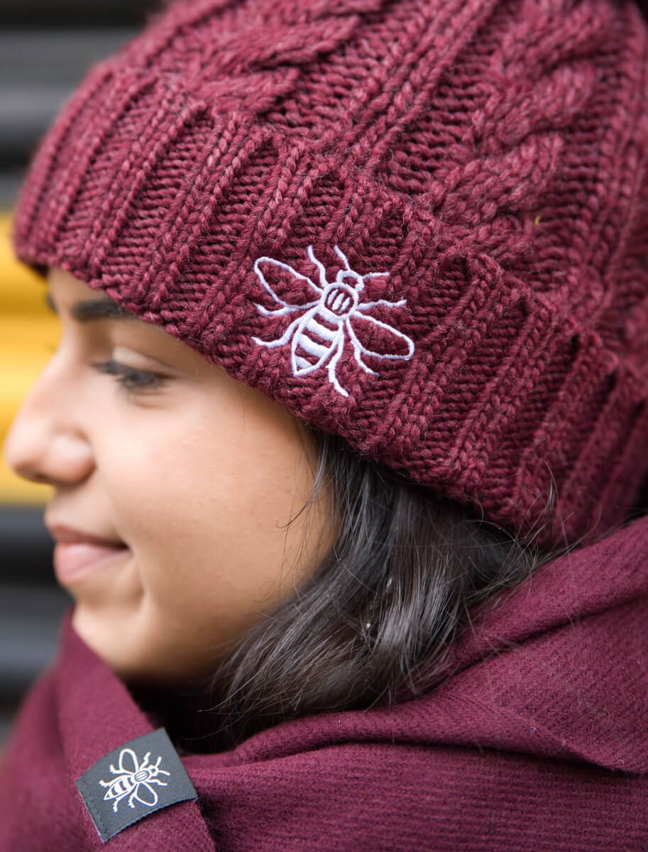 Burgundy Chunky Knit Bee Beanie with Bobble