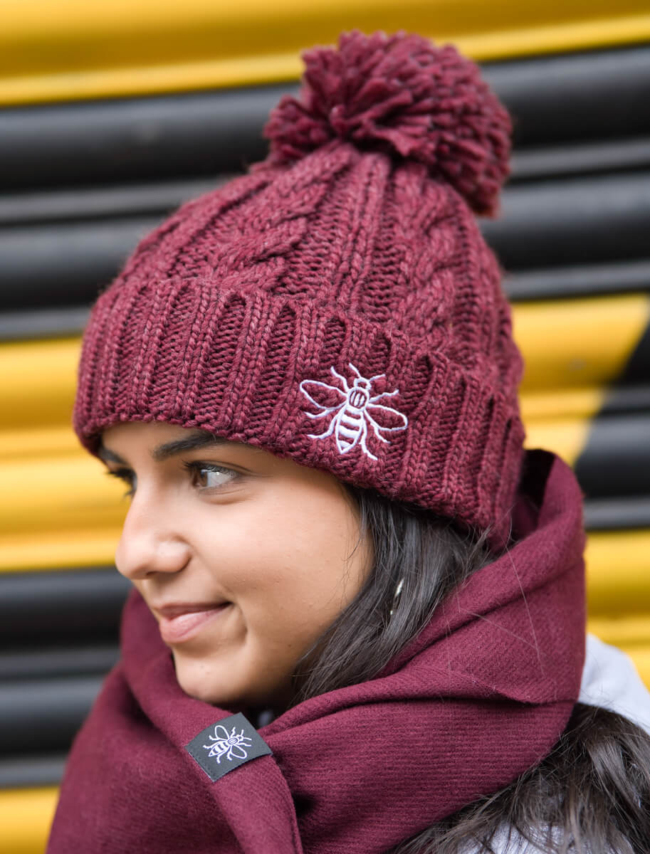 Burgundy Chunky Knit Bee Beanie with Bobble