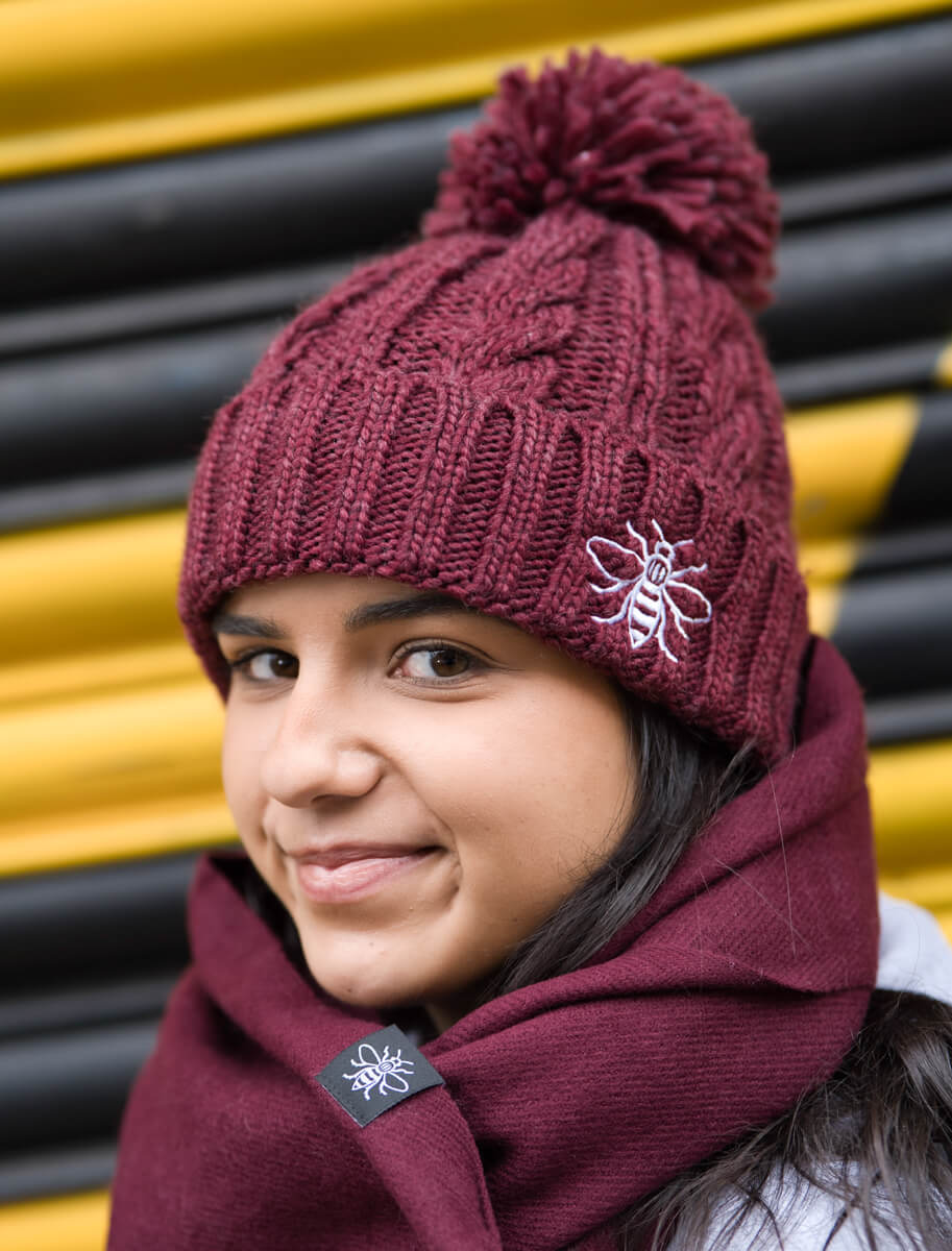 Burgundy Chunky Knit Bee Beanie with Bobble