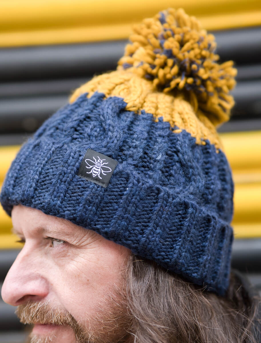 Navy & Mustard Chunky Knit Bee Beanie with Bobble