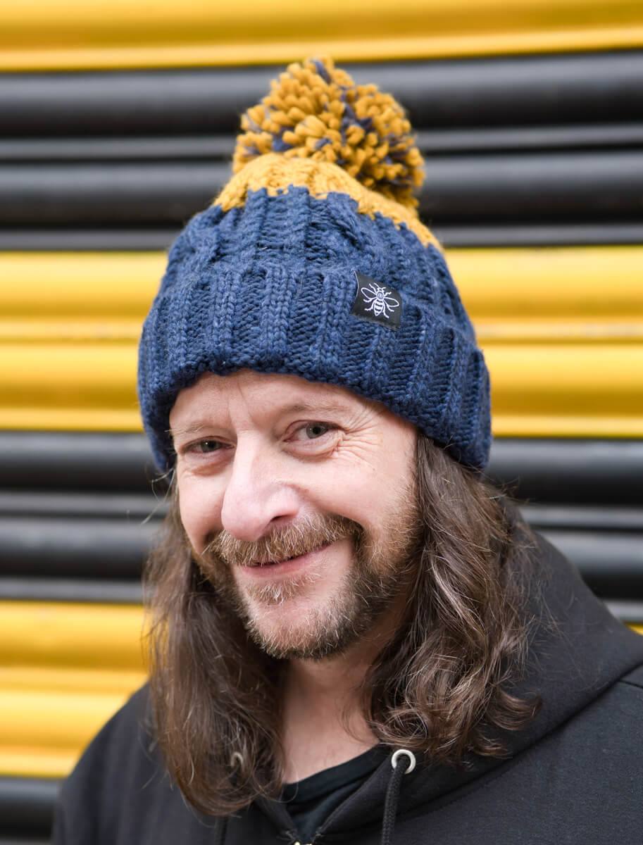 Navy & Mustard Chunky Knit Bee Beanie with Bobble