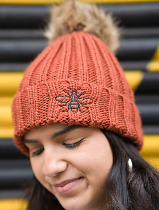 Embroidered Bee Rust Beanie with Fur Pom Pom