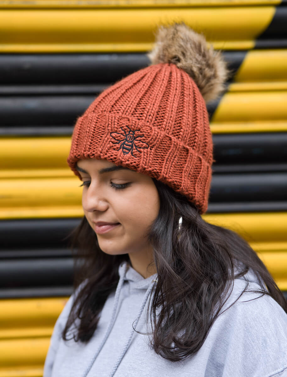 Embroidered Bee Rust Beanie with Fur Pom Pom