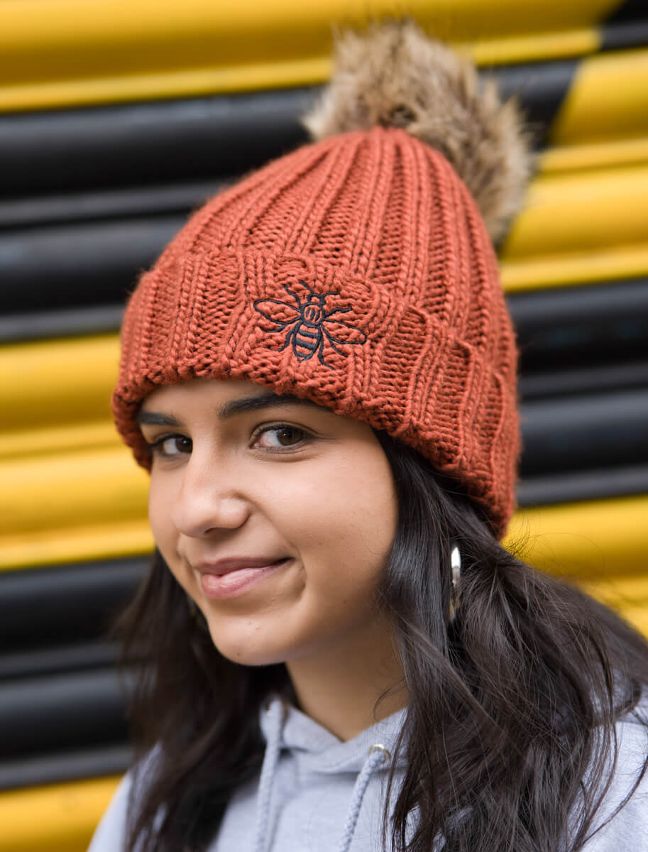 Embroidered Bee Rust Beanie with Fur Pom Pom