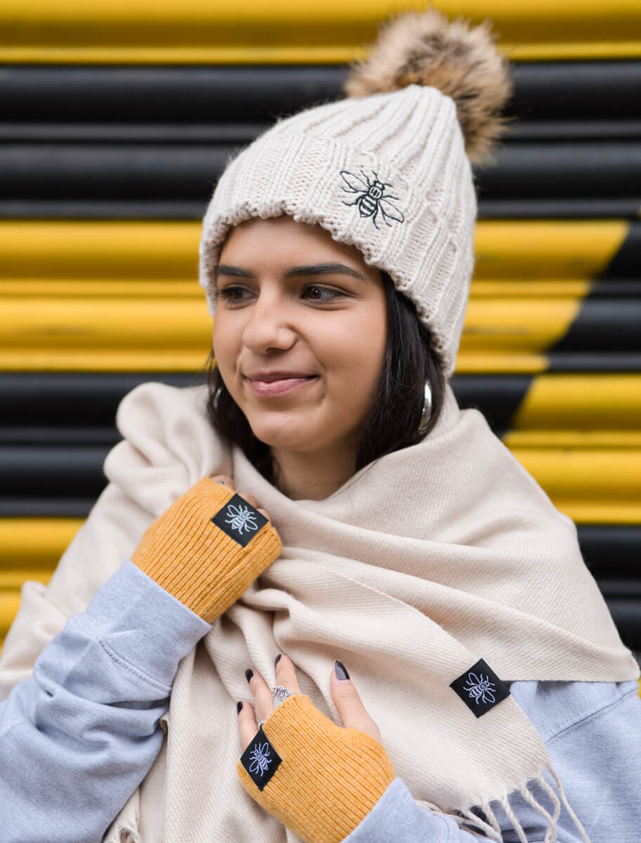 Embroidered Bee Oatmeal Beanie with Fur Pom Pom