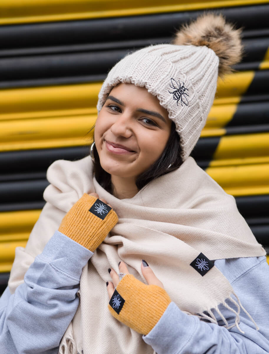 Embroidered Bee Oatmeal Beanie with Fur Pom Pom