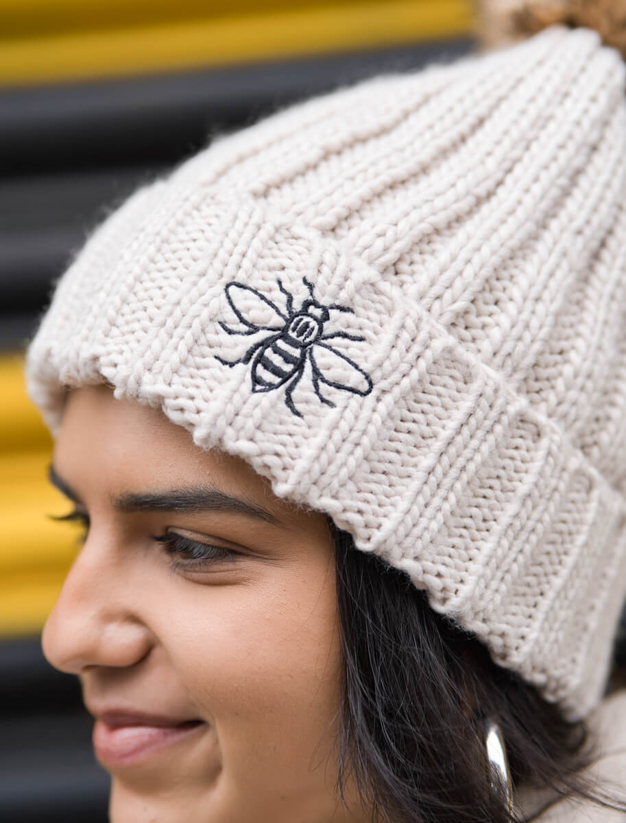 Embroidered Bee Oatmeal Beanie with Fur Pom Pom