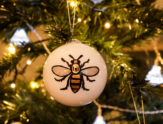 White Hand-Painted Glass Bee Bauble