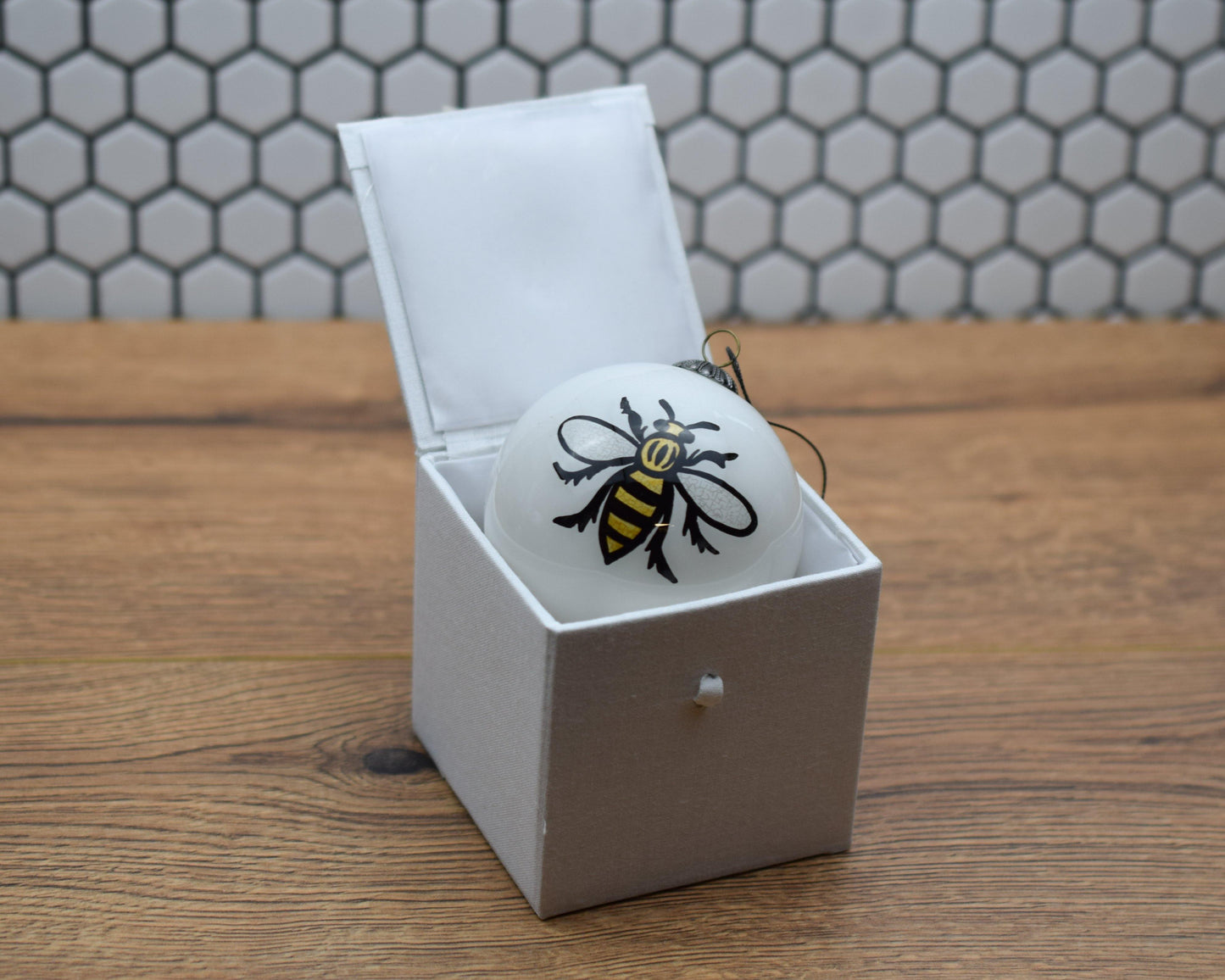 White Hand-Painted Glass Bee Bauble - The Manchester Shop