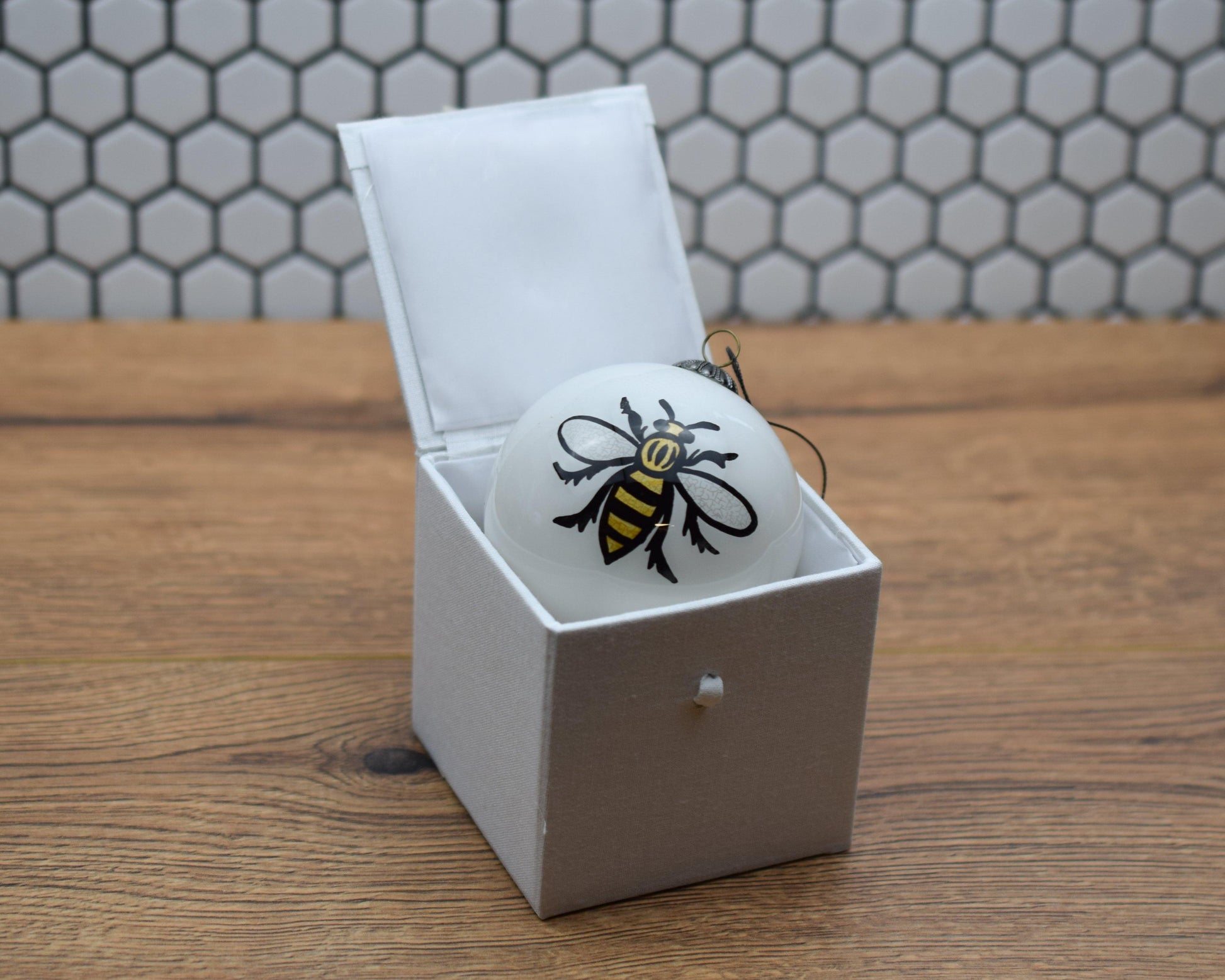 White Hand-Painted Glass Bee Bauble - The Manchester Shop